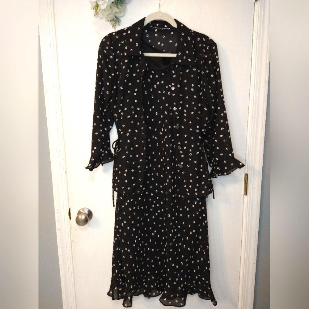 Vintage 90's Y2K Black Polka Dot Two Piece Midi Dress and Top Set